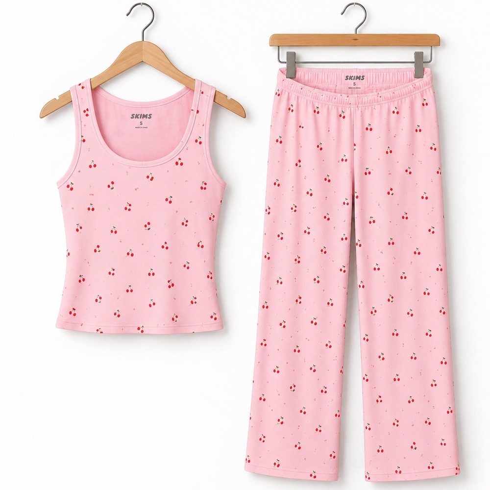 Skims Cherry Print Pajama Set Women Size S Pink Ribbed Loungewear Valentine Drop
